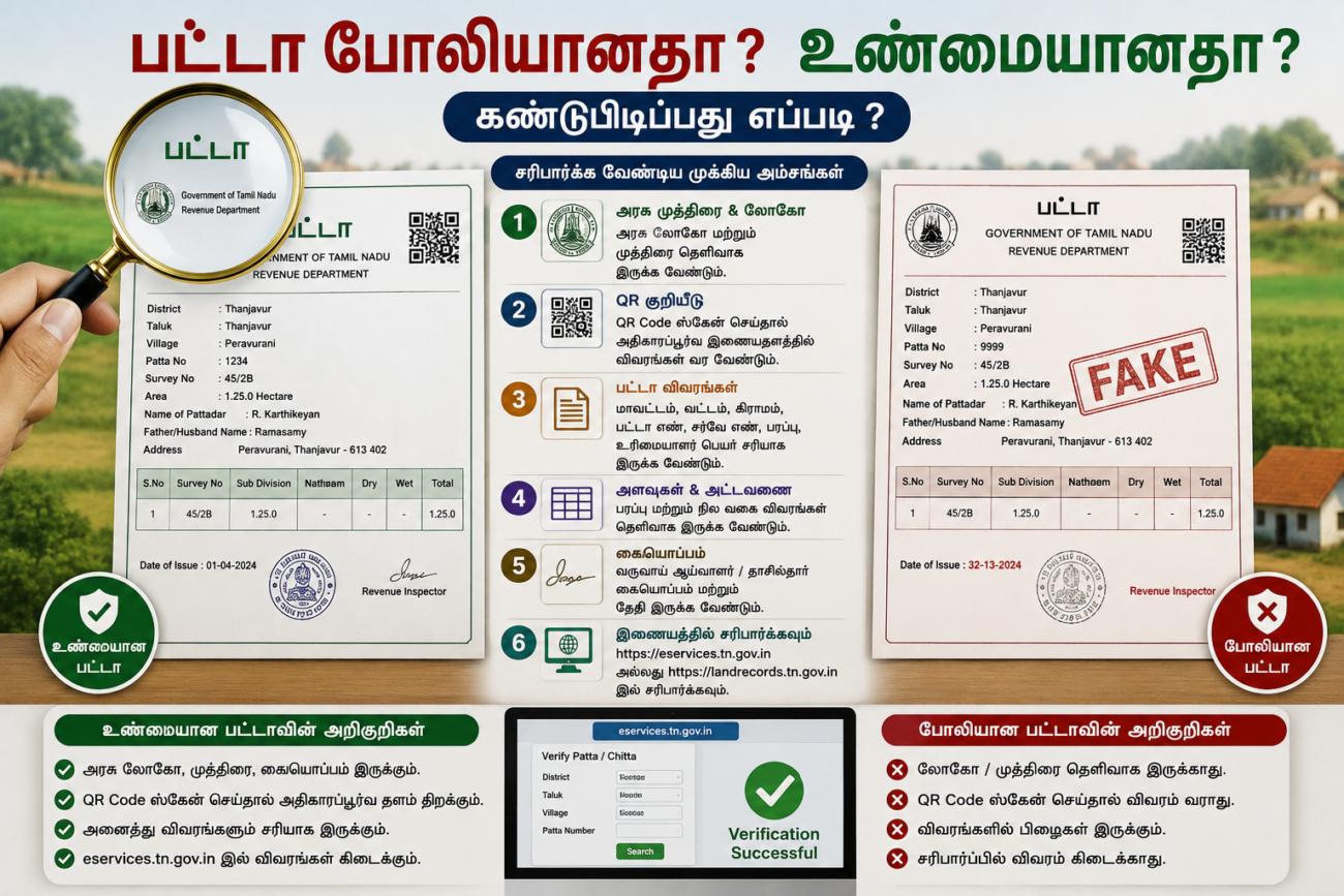பட்டா உண்மையானதா அல்லது போலியானதா என்பதை சரிபார்க்கும் வழிமுறைகள் மற்றும் முக்கிய நில ஆவணங்களை விளக்கும் Featured Image.