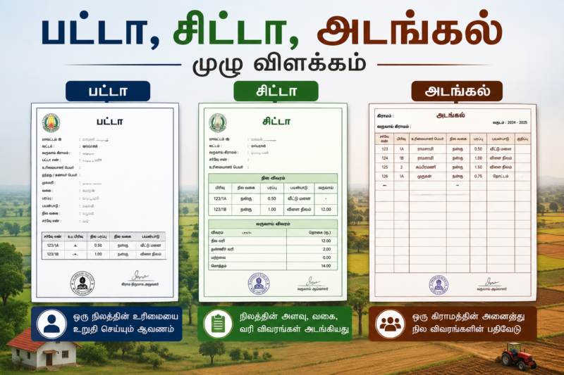 பட்டா, சிட்டா, அடங்கல் ஆகிய மூன்று நில ஆவணங்களின் வித்தியாசம் மற்றும் பயன்பாடுகளை விளக்கும் Featured Image.